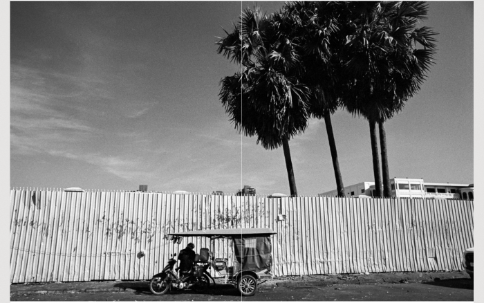 Phnom Penh street scene with tuk tuk and palm trees